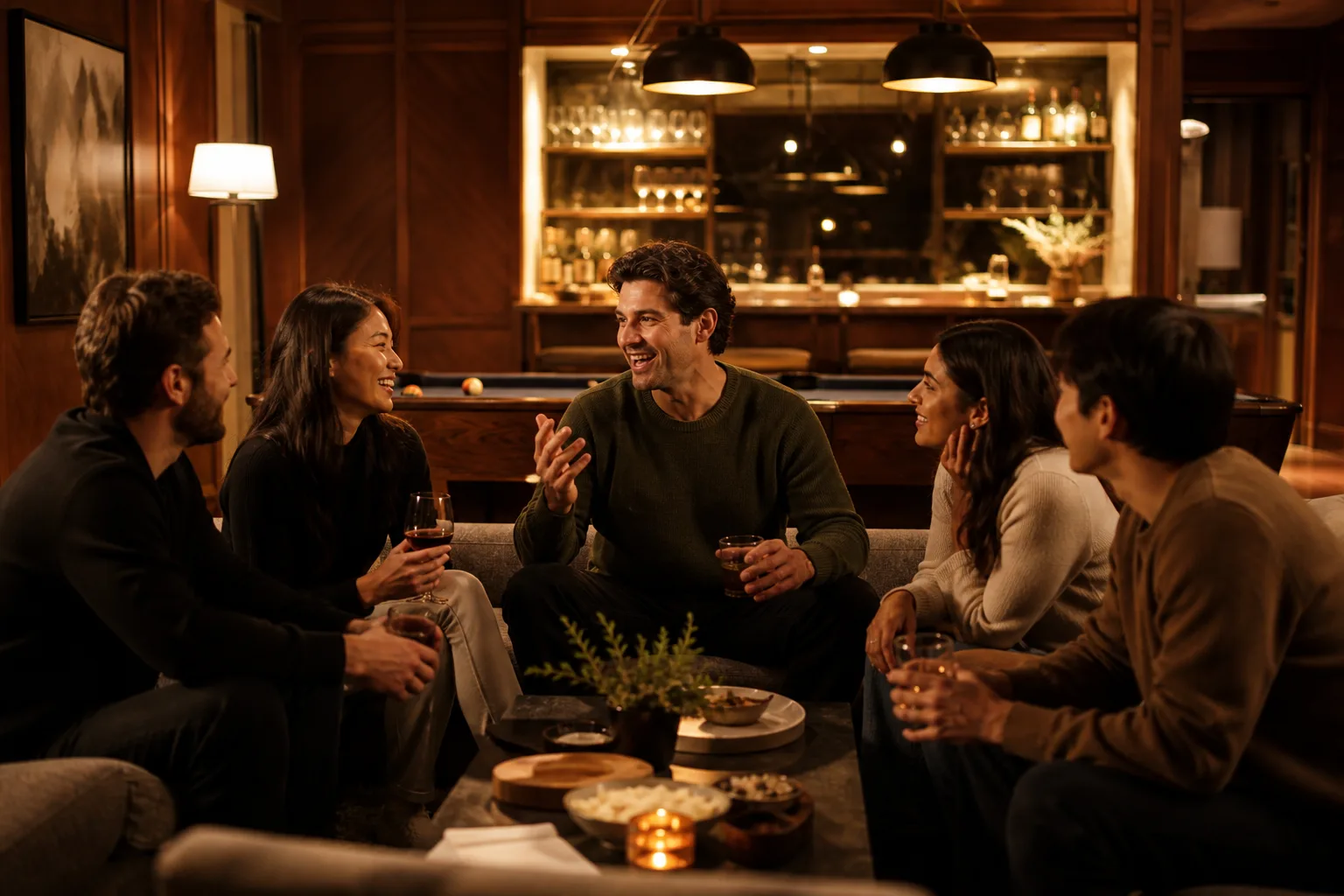 Friends laughing in a warm wood-paneled home lounge with a glowing back bar